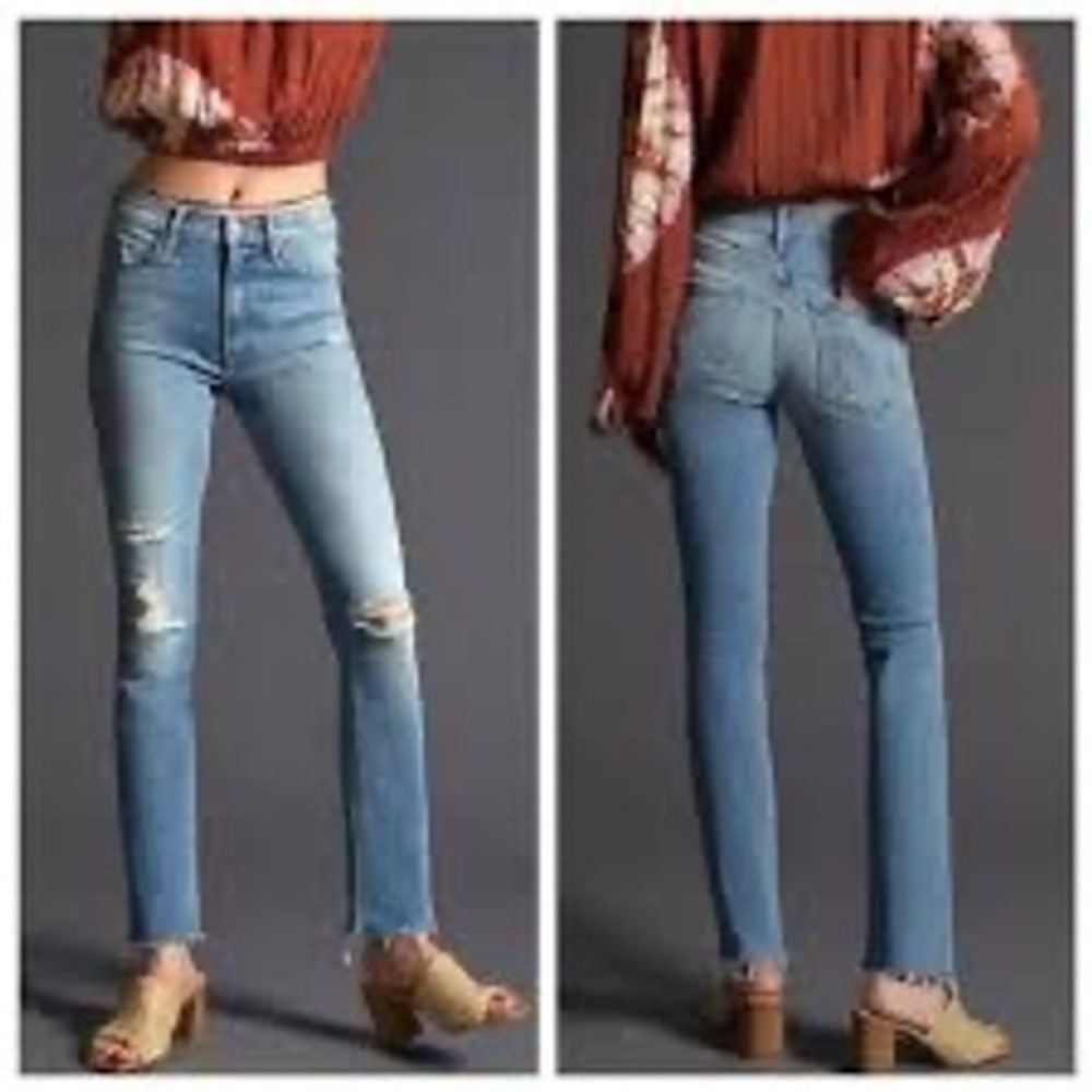 Mother The Mid Rise Dazzler Ankle Fray Jeans Weekend Kitten Distressed Blue 24